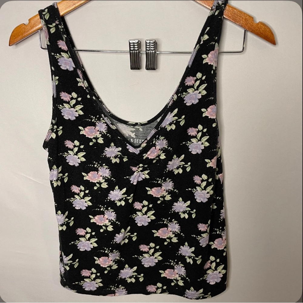 AE Floral Black Tank Top - Y2K Boho Crop Scrunch Pastel